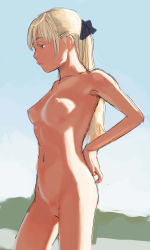 1girl absurdres blonde_hair breasts female_focus highres medium_breasts mogg navel nipples nude ponytail solo third-party_edit uncensored