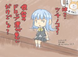 Rule 34 | 10s, 1girl, blue hair, bow, chibi, coffee cup, cup, dated, disposable cup, gloves, hatsukaze (kancolle), kantai collection, mini person, minigirl, pleated skirt, shiba inu, short hair, signature, sitting, skirt, solo, taisa (kari), twitter username, uniform, yellow bow