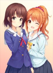 Rule 34 | 10s, 2girls, bad id, bad pixiv id, blue jacket, blue skirt, blush, bow, breasts, brown eyes, brown hair, closed mouth, commentary request, crossover, eromanga sensei, gradient background, hair ornament, hair scrunchie, hand on another&#039;s arm, hand on another&#039;s shoulder, highres, jacket, jinno megumi, katou megumi, long hair, long sleeves, looking at viewer, medium breasts, multiple girls, name connection, one eye closed, open mouth, pasdar, pleated skirt, ponytail, saenai heroine no sodatekata, sailor collar, school uniform, scrunchie, serafuku, short hair, skirt, smile, standing, yellow bow