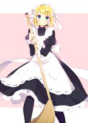 Rule 34 | 1girl, apron, black pantyhose, black shirt, black skirt, blonde hair, blue eyes, blush, bow, broom, closed mouth, dress shirt, frilled skirt, frilled sleeves, frills, hair bow, hair ornament, highres, holding, holding broom, kagamine rin, kawahara chisato, long skirt, long sleeves, looking at viewer, maid, maid headdress, pantyhose, shirt, short hair, skirt, solo, standing, swept bangs, vocaloid, white apron, white bow