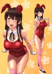Rule 34 | 1girl, akagi (kancolle), animal ears, bare legs, black footwear, blush, breasts, brown hair, cleavage, clothes pull, competition school swimsuit, covered navel, cowboy shot, detached collar, fake animal ears, floral background, full body, highres, kantai collection, large breasts, leaning forward, leg warmers, leotard, long hair, looking at viewer, multiple views, one-piece swimsuit, one-piece swimsuit pull, open mouth, pink legwear, playboy bunny, playboy bunny swimsuit, rabbit ears, red one-piece swimsuit, school swimsuit, shoes, smile, swimsuit, upper body, wa (genryusui), wrist cuffs, yellow background