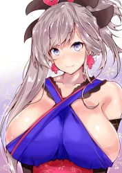 Rule 34 | 1girl, bare shoulders, belt, blush, breasts, detached sleeves, earrings, fate/grand order, fate (series), floral print, hair ornament, highres, japanese clothes, jewelry, kimono, large breasts, long hair, looking at viewer, miyamoto musashi (fate), miyamoto musashi (first ascension) (fate), pink hair, ponytail, purple eyes, sankakusui, sideboob, smile, solo