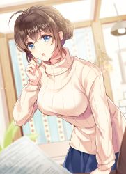 Rule 34 | 1girl, :o, ahoge, arm support, blue eyes, blue skirt, blurry, blurry background, blush, braid, breasts, brown hair, ceiling light, commentary request, depth of field, fingernails, hair between eyes, hair bun, hand up, highres, indoors, leaning forward, long sleeves, looking at viewer, medium breasts, mono lith, original, parted lips, pleated skirt, ribbed sweater, sidelocks, single hair bun, skirt, solo, sweater, teeth, upper teeth only