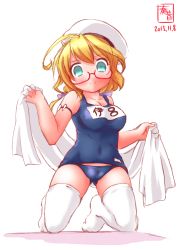 Rule 34 | 10s, 1girl, blonde hair, breasts, cameltoe, dated, glasses, green eyes, hat, highres, i-8 (kancolle), kanon (kurogane knights), kantai collection, medium breasts, name tag, one-piece swimsuit, peaked cap, red-framed eyewear, school swimsuit, smile, solo, swimsuit, thighhighs, towel, twintails, white thighhighs