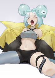Rule 34 | 1girl, bike shorts, blue hair, closed eyes, creatures (company), game freak, hair ornament, highres, iono (pokemon), jacket, komadera, midriff, navel, nintendo, nipples, open clothes, open jacket, open mouth, pantyhose, pokemon, pokemon sv, see-through, see-through bra, sharp teeth, solo, spread legs, stomach, sweat, teeth, thick thighs, thighs, yawning