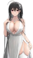 Rule 34 | 1girl, azur lane, bare shoulders, black hair, bracelet, breasts, cleavage, closed mouth, collarbone, dress, earrings, feet out of frame, flower, garter straps, hair flower, hair ornament, hairclip, hand on own chest, highres, jewelry, large breasts, light blush, long hair, looking at viewer, necklace, official alternate costume, red eyes, rk (cc15915r), smile, solo, standing, taihou (azur lane), taihou (temptation on the sea breeze) (azur lane), thighhighs, white background, white dress, white thighhighs