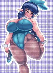 Rule 34 | 1girl, animal ears, astraea13, bare shoulders, blue hair, braid, breasts, elf, fake animal ears, female focus, fishnets, huge breasts, long hair, long twintails, pantyhose, playboy bunny, pointy ears, rabbit ears, red eyes, shoes, solo, standing, thick thighs, thighs, twintails, wide hips