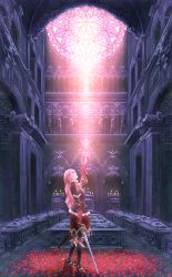 Rule 34 | 1girl, architecture, boots, church, female focus, full body, gloves, gothic architecture, indoors, long hair, looking up, medieval, megurine luka, petals, pink hair, raicho, solo, sword, vocaloid, weapon