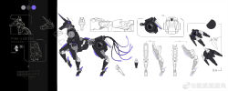 Rule 34 | absurdres, cable, cable tail, character sheet, chinese commentary, chinese text, commentary, cuicuijiao, gradient tail, highres, hooves, joints, mechanical parts, mechanical tail, multiple views, no humans, non-humanoid robot, punishing: gray raven, robot, robot animal, robot joints, simple background, tail, translated, unicorn