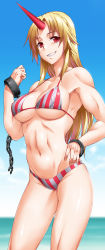 Rule 34 | 1girl, abs, absurdres, bare shoulders, bikini, blonde hair, breasts, chain, covered erect nipples, cuffs, day, fingernails, grin, hand on own hip, henshako, highres, horns, hoshiguma yuugi, large breasts, long hair, looking at viewer, muscular, muscular female, navel, red eyes, shackles, single horn, smile, solo, standing, striped bikini, striped clothes, swimsuit, touhou, underboob