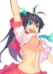 Rule 34 | 1girl, ahoge, antenna hair, arm up, black hair, blue eyes, breasts, clothes lift, crop top, crop top overhang, fang, ganaha hibiki, hair ribbon, idolmaster, idolmaster (classic), large breasts, midriff, navel, no bra, open mouth, ponytail, ribbon, school uniform, shirt lift, simple background, smile, solo, underboob, upshirt, white background, wind, wind lift, yuuji (and)