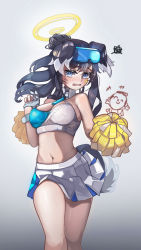 Rule 34 | 1girl, 1other, absurdres, animal ears, bare shoulders, black hair, blue archive, blue eyes, blush, breasts, cleavage, commentary, cowboy shot, crop top, facial mark, goggles, goggles on head, grey background, hibiki (blue archive), hibiki (cheer squad) (blue archive), highres, large breasts, long hair, looking at viewer, midriff, millennium cheerleader outfit (blue archive), miniskirt, navel, open mouth, plabit, pom pom (cheerleading), simple background, skirt, solo focus, standing, star (symbol), stomach, thighs, white skirt