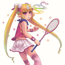Rule 34 | ball, breasts, child, cigarette, gnocchi, holding, miniskirt, original, pleated skirt, pointy ears, purple eyes, racket, simple background, skirt, small breasts, solo, star (symbol), tennis, tennis ball, tennis racket, thighhighs, twintails, white background, wristband, zettai ryouiki