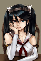 Rule 34 | 1girl, aqua eyes, bcrow, black hair, breasts, chair, cleavage, collarbone, commentary, detached sleeves, hair between eyes, hair ornament, hair ribbon, hand on own face, head rest, headgear, isuzu (kancolle), kantai collection, long hair, looking at viewer, medium breasts, red ribbon, ribbon, shirt, sidelocks, sitting, skirt, smile, solo, twintails, weapon, white shirt