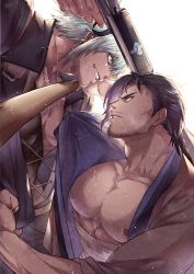 Rule 34 | 2boys, bara, bare pectorals, braid, commentary request, facial hair, final fantasy, final fantasy xiv, highres, japanese clothes, large pectorals, male focus, mature male, multiple boys, muscular, muscular male, nipples, pectoral cleavage, pectorals, sicard (ff14), stubble, tansui (ff14), white hair, zanki