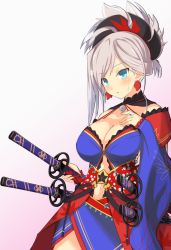 Rule 34 | 1girl, blue eyes, blush, breasts, detached sleeves, earrings, fate/grand order, fate (series), gradient background, hair ornament, hand on own chest, japanese clothes, jewelry, katana, kimono, large breasts, looking at viewer, miyamoto musashi (fate), miyamoto musashi (third ascension) (fate), obi, ponytail, sash, solo, sword, tenpesuto, weapon