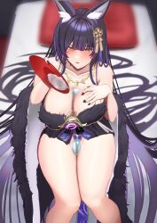 Rule 34 | 1girl, absurdly long hair, animal ear fluff, animal ears, azur lane, bare shoulders, blurry, blurry background, breasts, cafenami, cleavage, collarbone, commentary request, facial mark, feet out of frame, fox ears, fox girl, gem, hand on own chest, highres, huge breasts, jewelry, long hair, long sleeves, magatama, magatama necklace, musashi (azur lane), nail polish, necklace, pouring, pouring onto self, purple gemstone, purple hair, solo, very long hair, whisker markings, wide sleeves, yellow eyes