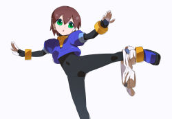 Rule 34 | 1girl, aile (mega man zx), black bodysuit, blue footwear, blue jacket, bodysuit, bodysuit under clothes, brown hair, commentary request, covered navel, cropped jacket, green eyes, jacket, kaidou zx, mega man (series), mega man zx, robot ears, short hair, shorts, shorts around one leg, simple background, white background, white shorts