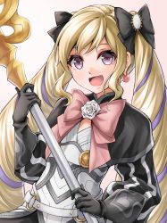 Rule 34 | 1girl, :d, black bow, blonde hair, bow, bowtie, earrings, elise (fire emblem), eyelashes, fire emblem, fire emblem fates, flat chest, flower, gloves, gradient background, grey gloves, hair bow, heart, holding, holding staff, jewelry, long hair, looking at viewer, multicolored hair, multiple hair bows, nintendo, open mouth, pink bow, pink bowtie, pink eyes, purple hair, rose, smile, solo, staff, ten (tenchan man), twintails, two-tone hair, very long hair, white flower, white rose
