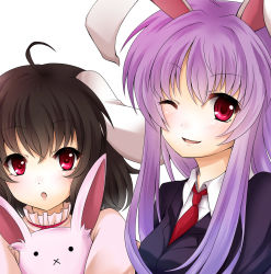 Rule 34 | 2girls, :o, :x, animal ears, blazer, brown hair, face, female focus, highres, inaba tewi, jacket, long hair, multiple girls, necktie, one eye closed, purple hair, rabbit, rabbit ears, red eyes, red necktie, reisen udongein inaba, rokutelie, short hair, simple background, smile, touhou, wink