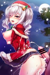 Rule 34 | 10s, 1boy, 1girl, absurdres, aran sweater, bar censor, bell, blue eyes, blush, breasts, cable knit, censored, christmas, cum, cum on body, cum on clothes, ejaculation, from side, full moon, gloves, hair bell, hair ornament, hat, highres, kantai collection, kashima (kancolle), large breasts, long hair, miniskirt, moon, nipples, open clothes, open mouth, penis, santa costume, santa hat, silly (marinkomoe), silver hair, skirt, sweat, sweater, twintails, white gloves