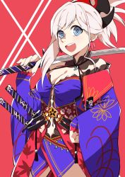 Rule 34 | 1girl, :d, absurdres, asymmetrical hair, autumn leaves, blue eyes, breasts, bright pupils, cleavage, cowboy shot, earrings, fate/grand order, fate (series), fingernails, floral print, halterneck, hand on own hip, highres, holding, holding sword, holding weapon, jewelry, kameno sachi, katana, leaf print, legs apart, long hair, long sleeves, magatama, medium breasts, miyamoto musashi (fate), navel, open mouth, over shoulder, ponytail, sheath, sleeves past wrists, smile, solo, sword, teeth, weapon, weapon over shoulder, white hair, white pupils, wide sleeves