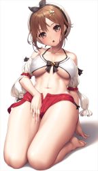 Rule 34 | 1girl, atelier (series), atelier ryza, bare shoulders, barefoot, beret, black ribbon, blush, breasts, brown eyes, brown hair, hair ornament, hairclip, hat, lambda (kusowarota), large breasts, looking at viewer, open mouth, reisalin stout, ribbon, seiza, short hair, sitting, solo, thighs, white hat