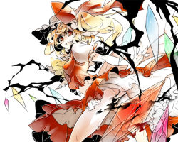 Rule 34 | 1girl, bad id, bad pixiv id, blonde hair, blouse, embodiment of scarlet devil, fang, female focus, flandre scarlet, hat, looking back, mob cap, no panties, red eyes, robert, shirt, solo, touhou, white hat, white shirt, wings