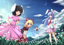 Rule 34 | 3girls, animal ears, black hair, blonde hair, blouse, blue eyes, blue hair, blue sky, bow, carrot necklace, cloud, crescent moon, day, dress, dress shirt, fairy wings, flower, flying, hair bow, hair ribbon, hands on own hips, hands on own knees, inaba tewi, jewelry, leaning forward, lens flare, lily of the valley, long hair, looking at viewer, medicine melancholy, moon, mountain, multiple girls, necklace, necktie, open mouth, pendant, pink dress, pleated skirt, rabbit ears, rabbit tail, red eyes, red necktie, reisen udongein inaba, ribbon, shirt, short hair, short sleeves, skirt, sky, sleeves rolled up, smile, star (sky), starry sky, su-san, tail, touhou, wind, wings, zqhzx