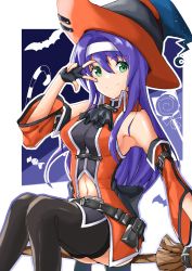 Rule 34 | 1girl, bat (animal), belt, black gloves, black thighhighs, blue hair, broom, broom riding, candy, closed mouth, clothing cutout, detached sleeves, fingerless gloves, fire emblem, fire emblem: path of radiance, fire emblem heroes, food, gloves, green eyes, halloween costume, hat, headband, highres, lollipop, long hair, mia (fire emblem), navel, navel cutout, nintendo, smile, solo, thighhighs, tpicm, white headband, witch hat