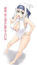Rule 34 | 10s, 1girl, alternate costume, bandana, barefoot, blue eyes, breasts, cleavage, cleavage cutout, clothing cutout, folded ponytail, from above, front zipper swimsuit, fuuma nagi, hairband, hand on own hip, hand on own chest, kamoi (kancolle), kantai collection, large breasts, long hair, looking at viewer, meme attire, one-piece swimsuit, open mouth, sidelocks, simple background, smile, solo, standing, swimsuit, translated, white background, white hair, white one-piece swimsuit