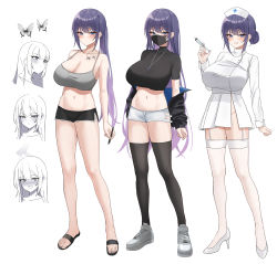 Rule 34 | 1girl, absurdres, arm at side, arms at sides, bare arms, bare legs, bare shoulders, biya (1024), black footwear, black jacket, black mask, black thighhighs, blue eyes, blush, breasts, bug, butterfly, butterfly tattoo, character sheet, cleavage, collarbone, crop top, denim, denim shorts, dolphin shorts, full body, garter straps, grin, hair bun, hair up, hand up, hat, high heels, highres, holding, holding pen, holding syringe, insect, jacket, jewelry, large breasts, legs, long hair, long sleeves, looking at viewer, mask, micro shorts, midriff, mouth mask, multiple tails, multiple views, navel, necklace, no panties, nurse, nurse cap, off shoulder, original, pen, ponytail, purple hair, shoes, short shorts, short sleeves, shorts, sidelocks, simple background, slippers, smile, stomach, straight hair, syringe, tail, tank top, tattoo, thighhighs, thighs, turtleneck, white background, white footwear, white thighhighs, yuna (biya (1024))