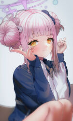 Rule 34 | 1girl, alternate costume, blue archive, blunt bangs, blush, breasts, double bun, double v, hair bun, halo, hanato (seonoaiko), highres, jacket, knee up, light smile, long sleeves, looking at viewer, medium breasts, mika (blue archive), pink hair, sidelocks, simple background, solo, track jacket, v, white background, white wings, wings
