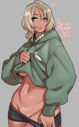 Rule 34 | 1girl, agawa ryou, artist name, black shorts, blonde hair, blue eyes, breasts, clothes lift, clothes pull, commentary, dark-skinned female, dark skin, dated, english commentary, green hoodie, hood, hoodie, hoodie lift, looking at viewer, medium hair, navel, no bra, original, pubic tattoo, short shorts, shorts, shorts pull, signature, solo, stomach, tattoo, tongue, tongue out, underboob