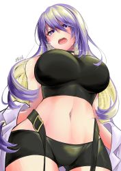 Rule 34 | 1girl, absurdres, bare shoulders, bike shorts, black choker, breasts, choker, crop top, gradient hair, hair between eyes, highres, hololive, hololive indonesia, jacket, jewelry, large breasts, long hair, looking at viewer, midriff, moona hoshinova, multicolored hair, navel, open mouth, purple eyes, purple hair, saltnvalk, shirt, sleeveless, sleeveless shirt, solo, stomach, two-tone hair, undressing, virtual youtuber