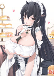 Rule 34 | alternate costume, apron, azur lane, bare shoulders, between breasts, black hair, breasts, card, card between breasts, choker, cleavage, covered erect nipples, dress, enmaided, finger to mouth, food, frilled dress, frilled sleeves, frills, heart, highres, huge breasts, indomitable (azur lane), indomitable (ms. motivationless maid) (azur lane), maid, maid apron, maid headdress, pastry, underboob, won (az hybrid)