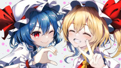 Rule 34 | 2girls, ;), blonde hair, closed eyes, closed mouth, commentary request, crossed bangs, english text, fang, flandre scarlet, hat, hat ribbon, heart hands failure, highres, looking at viewer, mob cap, multiple girls, one eye closed, one side up, red eyes, red ribbon, remilia scarlet, ribbon, short hair, short sleeves, siblings, simple background, sisters, skin fang, smile, touhou, upper body, v, white background, white headwear, wrist cuffs, yamanakaume