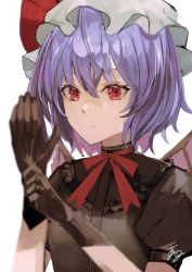 Rule 34 | 1girl, 8901maru, bat wings, bow, gloves, highres, purple hair, red bow, red eyes, red gloves, remilia scarlet, shirt, simple background, solo, touhou, white background, wings