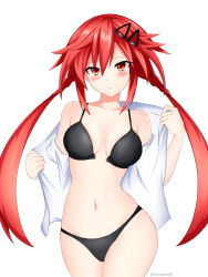 Rule 34 | 1girl, artist name, bikini, black bikini, blush, breasts, cleavage, highres, legs, long hair, looking at viewer, low twintails, medium breasts, neptune (series), open clothes, open shirt, red eyes, red hair, solo, swimsuit, tennouboshi uzume, thighs, twintails