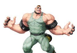 Rule 34 | 1boy, abigail (final fight), belt, bingoman, bodysuit, brass knuckles, collar, eyeshadow, feet out of frame, green bodysuit, highres, huge pectorals, large hands, legs apart, makeup, male focus, mohawk, muscular, muscular male, outstretched arms, pectoral cleavage, pectorals, pink lips, sanpaku, sidepec, solo, spiked collar, spikes, spread arms, standing, street fighter, street fighter v, strongman waist, thick arms, weapon, wrestling outfit