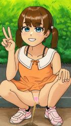 Rule 34 | 1girl, black socks, blue eyes, blush, brown hair, bush, censored, collarbone, dress, flat chest, flower, grin, hair flower, hair ornament, hand on own knee, heart, heart censor, highres, long hair, looking at viewer, no panties, orange dress, peeing, pink footwear, puddle, pussy, shoes, shoumizumaru magamo, sleeveless, sleeveless dress, smile, sneakers, socks, squatting, teeth, twintails, v