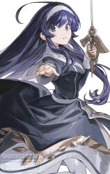 1girl absurdres ahoge blue_eyes blue_hair commission dress hairband hashibiro_kou_(garapiko_p) highres holding huge_ahoge long_hair looking_at_viewer nun orie_ballardiae_harada rapier simple_background solo sword under_night_in-birth very_long_hair weapon white_hairband