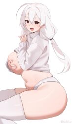 Rule 34 | 1girl, :d, breasts, brown eyes, clothes lift, commentary, english commentary, hair between eyes, highres, iwbitu, large breasts, long hair, long sleeves, looking at viewer, looking to the side, navel, nyopu, open mouth, original, panties, plump, smile, solo, stomach, sweater, sweater lift, thick thighs, thighhighs, thighs, twitter username, underwear, white background, white hair, white panties, white sweater, white thighhighs