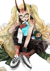 Rule 34 | 1girl, absurdres, bare shoulders, bespectacled, bird, black nails, blonde hair, body markings, character doll, coat, unworn coat, contemporary, cup, disposable cup, drink, drinking straw, drinking straw in mouth, ear piercing, facial mark, fang, fate/grand order, fate (series), fingernails, forehead mark, full body, fur trim, glasses, hair ornament, hair over one eye, highres, hood, hoodie, horns, ibaraki douji (fate), long hair, looking at viewer, nail polish, oni, oni horns, open mouth, pants, piercing, pointy ears, robin hood (fate), sharp fingernails, shoes, sidelocks, simple background, sitting, sleeveless, sleeveless hoodie, sneakers, tattoo, track pants, twintails, very long hair, white background, wristband, yellow eyes, ynion