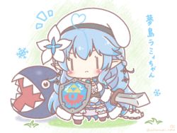 Rule 34 | 1girl, ahoge, beret, black footwear, blue flower, blue hair, blue skirt, blush stickers, braid, breasts, chain, chain chomp, chibi, cleavage, closed mouth, commentary request, crossover, flower, full body, fur-trimmed sleeves, fur trim, hair between eyes, hair flower, hair ornament, half updo, hat, heart, heart ahoge, highres, holding, holding sword, holding weapon, hololive, hylian shield, light frown, long hair, long sleeves, mario (series), medium breasts, mitarashi neko, multicolored hair, nintendo, notice lines, pleated skirt, pointy ears, ribbon-trimmed legwear, ribbon trim, shield, skirt, snowflakes, socks, solo, streaked hair, sword, the legend of zelda, translation request, twitter username, v-shaped eyebrows, very long hair, virtual youtuber, weapon, white flower, white hat, white socks, yukihana lamy, | |