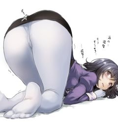Rule 34 | 10s, 1boy, 1girl, admiral (kancolle), ass, black hair, blush, breast press, breasts, brown eyes, feet, giant, giantess, gloves, haguro (kancolle), hair ornament, juliet sleeves, kantai collection, large breasts, long sleeves, miniskirt, no shoes, panties, panties under pantyhose, pantyhose, pencil skirt, puffy sleeves, remodel (kantai collection), short hair, skirt, sleeping, soles, translated, underwear, upside-down, utopia, wavy mouth, white gloves, white pantyhose, zzz