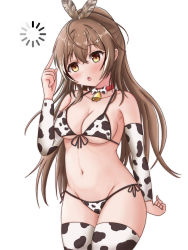 Rule 34 | 1girl, :o, alpha cas, animal print, bell, bikini, bow, bowtie, breasts, brown eyes, brown hair, buffering, choker, cleavage, commentary, cow print, cow print bikini, cowboy shot, elbow gloves, english commentary, gloves, groin, hair ornament, hairclip, highres, hololive, hololive english, index finger raised, long hair, medium breasts, nanashi mumei, navel, neck bell, open mouth, ponytail, print bikini, red choker, side-tie bikini bottom, simple background, solo, swimsuit, thighhighs, very long hair, virtual youtuber, white background