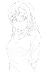 Rule 34 | 10s, 1girl, blush, glasses, greyscale, highres, kunikida hanamaru, looking at viewer, love live!, love live! school idol project, love live! sunshine!!, mell ast, monochrome, shirt, simple background, sketch, smile, solo, unfinished, upper body, white background