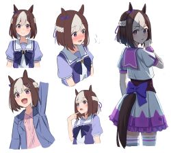 Rule 34 | 1girl, absurdres, animal ears, arm up, back bow, bow, braid, brown hair, cidersour, clothing cutout, collared shirt, commentary request, cowboy shot, french braid, hair between eyes, half up braid, highres, horse ears, horse girl, horse tail, jacket, looking at viewer, looking back, multiple views, official alternate costume, open clothes, open jacket, open mouth, petticoat, pleated skirt, puffy short sleeves, puffy sleeves, purple bow, purple eyes, purple ribbon, purple shirt, ribbon, sailor collar, school uniform, shirt, short hair, short sleeves, simple background, skirt, smile, special week (umamusume), summer uniform, tail, tail through clothes, thighhighs, tracen school uniform, umamusume, white background, white jacket, white skirt, white thighhighs, wiping sweat, wrist cuffs
