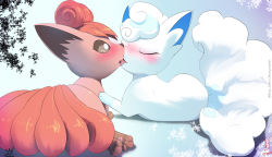 Rule 34 | absurdres, alolan form, alolan vulpix, animal focus, artist name, blue background, blue hair, blush, brown sclera, closed eyes, colored sclera, creatures (company), dated, deviantart username, eryz, full body, game freak, gen 1 pokemon, gen 7 pokemon, gradient background, highres, licking, looking at another, lying, multicolored hair, multiple tails, nintendo, no humans, nose blush, on side, open mouth, pawpads, pokemon, pokemon (creature), profile, red hair, short hair, signature, simple background, tail, tongue, tongue out, twitter username, two-tone hair, vulpix, watermark, white eyes, white hair